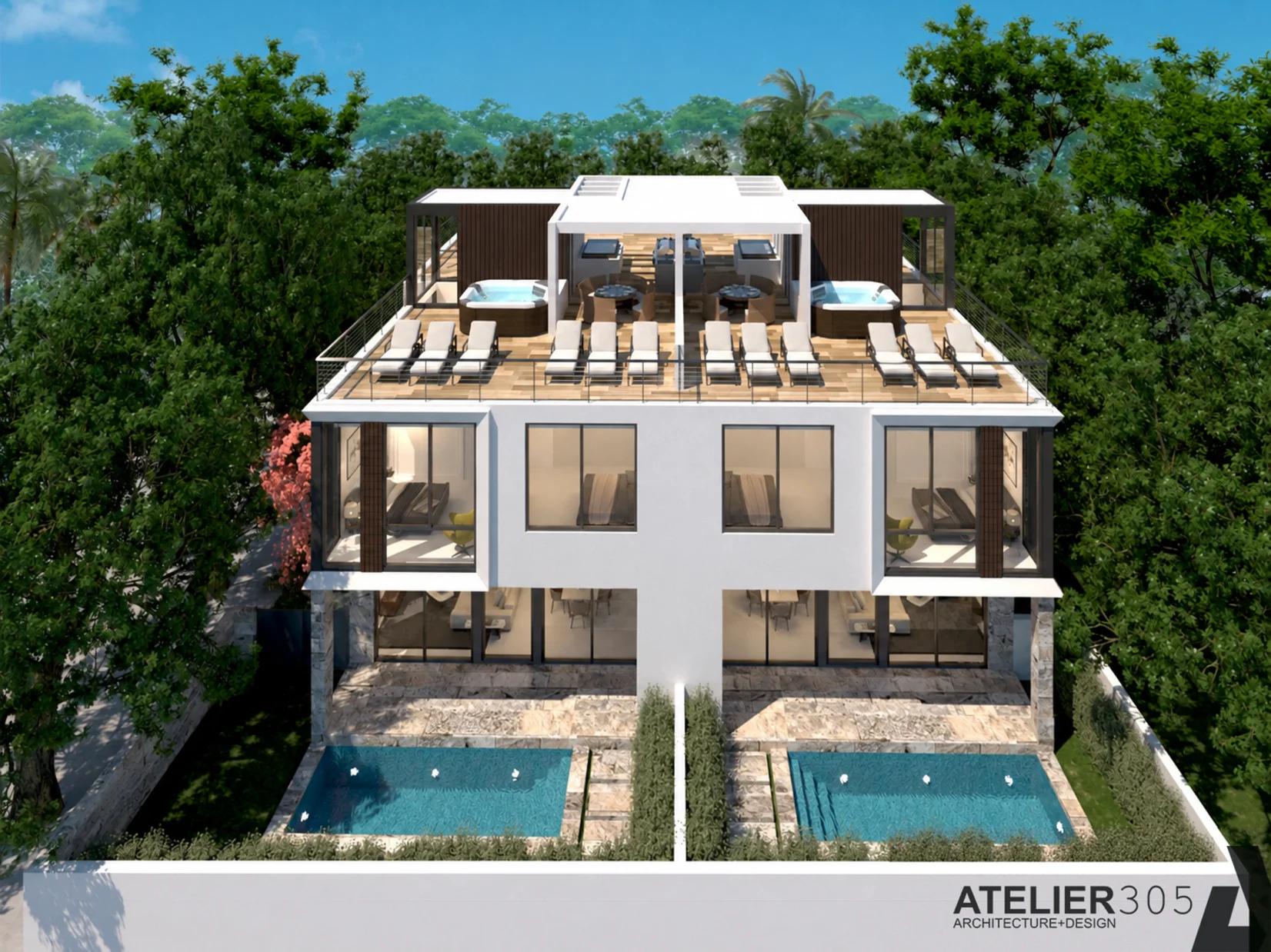 Rear aerial — private pool, terrace, and rooftop