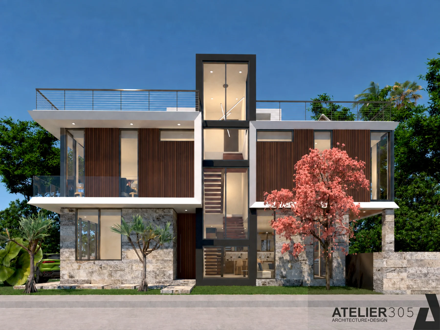Front elevation — modern facade with stone, wood, and glass