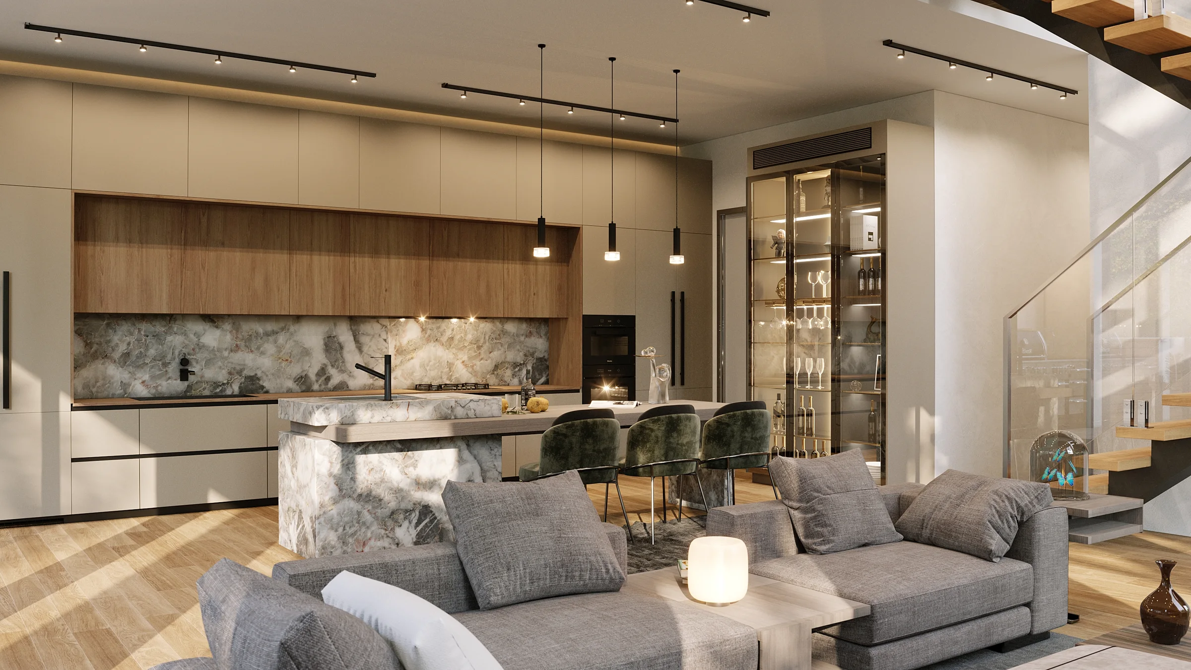 Interior rendering — kitchen and living room